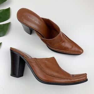 Vintage Nine West Mules Brown Leather Slip On Heels Pointed Toe Women's 6.5